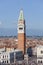 St Mark`s Campanile and gothic Doge`s Palace on Piazza San Marco, crowd of tourist, Venice, Italy