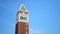 St. Marks Campanile tower in Venice, Italy. Video. Ancient Europe architecture, bell tower, blue sky on background