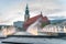 St Mary church and Alexanderplatz fountain at sunset, Berlin