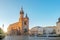 St. Mary`s Cathedral church at Market square in Krakow at sunrise, Poland