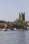 St Mary\\\'s Church of England tower overlooking the Thames with its boats and barges