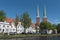 St. marys church and traditional houses on the trave, luÌˆbeck, germany