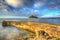 St Michaels Mount Cornwall England UK cloudscape medieval castle and church in colourful HDR