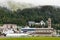 St. Moritz, Engadin, Graubunden, Switzeland - August 5 2016 : view on St. Moritz Bad with the St Charles church on the foreground