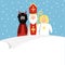 St. Nicholas with devil,angel and blank paper. Cute Christmas invitation, card, wish list. Flat design, illustration.