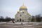 St. Nicholas naval Cathedral in Anchor square gloomy January day. Kronstadt