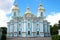 St. Nicholas naval Cathedral closeup, cloud day in June. Saint Petersburg, Russia
