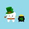 St Patrick cute tooth in leprechaun costume with pot of gold.