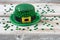 St Patrick hat and clovers in close up view