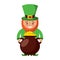 St patrick leprechaun holding pot full coins treasure