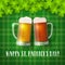 St. Patrick`s beer mugs on a shamrock checkered background