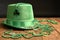 St. Patrick`s concept. Green hat and necklaces and lucky coins on black background.