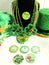 St Patrick\'s day accessories, hats, shamrock glasses, buttons, green beads, Luck o the Irish