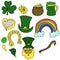 St Patrick`s day attributes doodles set, green drawings with symbols of good luck, coloring page from simple elements