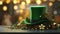 St. Patrick\\\'s day banner with green hat, gold coins and clover leaves.