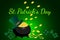 St. Patrick\\\'s Day banner with leprechaun treasure, pot full of gold coins and green hat on festive green background.