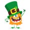 St. Patrick`s day. Cartoon one eyed monster wearing irish hat with a four leaf clover isolated on white background