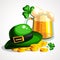 St. Patrick s Day composition. Holiday symbols beer, gold and hat of leprechaun.