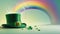 St. Patrick's day concept. 3d Banner Pot with golden coins, clover leaves, green hat and rainbow. Generative AI.