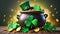St. Patrick's day concept. 3d Banner Pot with golden coins, clover leaves, green hat and rainbow. Generative AI.