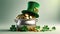 St. Patrick's day concept. 3d Banner Pot with golden coins, clover leaves, green hat and rainbow. Generative AI.