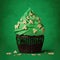 St. Patrick\\\'s day cupcake on green with three-leaved shamrocks (four leaf clove) on top generative AI