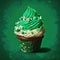 St. Patrick\\\'s day cupcake on green with three-leaved shamrocks (four leaf clove) on top generative AI