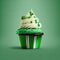 St. Patrick\\\'s day cupcake on green with three-leaved shamrocks (four leaf clove) on top generative AI