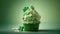 St. Patrick\\\'s day cupcake on green with three-leaved shamrocks (four leaf clove) on top generative AI