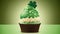 St. Patrick\\\'s day cupcake on green with three-leaved shamrocks (four leaf clove) on top generative AI