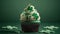 St. Patrick\\\'s day cupcake on green with three-leaved shamrocks (four leaf clove) on top generative AI