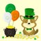 St.Patrick s Day. Cute corgi dog in green hat. Leprechaun and butterfly green tie. A pot of gold coins, three balls