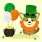 St.Patrick s Day. Cute corgi dog in green hat Leprechaun and red beard. A pot of gold coins, three balls, clover