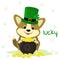 St.Patrick s Day. Cute corgi puppy in green hat leprechaun, bowler with gold coins, clover. Cartoon style, flat design