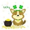 St.Patrick s Day. Cute dog corgi in the bezel with clover, bowler with gold coins, clover. Cartoon style, flat design