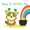 St.Patrick s Day. Cute dog corgi bezel with clover, bowler with gold coins, rainbow, clover. Cartoon style, flat design