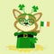 St.Patrick s Day. A cute dog corgi in a bezel with clover and glasses, sits in a green hat of a leprechaun, gold coins