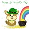 St.Patrick s Day. Cute dog corgi in a leprechaun hat with a clover, bowler with gold coins, rainbow, clover. Cartoon