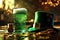 St. Patrick\\\'s Day.glass of green beer, leprechaun hat, gold and clover on a wooden table in a bar.