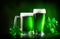 St. Patrick`s Day. Green beer pint over dark green background, decorated with shamrock leaves