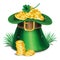 St. Patrick\'s Day green leprechaun hat with clover and gold