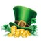 St. Patrick\'s Day green leprechaun hat with clover and gold