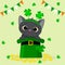 St. Patrick s Day greeting card. Cute gray cat in a rim with clover, sitting in a green hat, a dwarf, gold coins. Cartoon style,