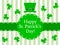 St. Patrick`s Day greeting. Vector illustration of hat and clover leaves on white and light green strips.