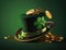 St Patrick\\\'s day hat with gold coins on green background generative AI