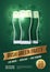 St. Patrick`s Day. Holiday poster with three beer glasses and lettering on golden ribbon: `Irish green party`.