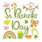 St. Patrick`s Day holiday SET. Vector decoration element garland, leprechaun, rainbow, beer mug, horseshoe.