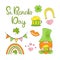 St. Patrick`s Day holiday SET. Vector decoration element garland, leprechaun, rainbow, beer mug, horseshoe. Cartoon style