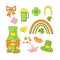 St. Patrick`s Day holiday SET. Vector decoration element garland, leprechaun, rainbow, beer mug, horseshoe. Cartoon style