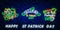 St. Patrick`s Day icon set isolated. Patrick`s Day neon sign. Horseshoe, Clover, Rainbow, Gold coin, Beer, Flag Ireland and